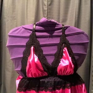 Black Lace Trim Chemise - Hot Pink